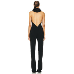 Luxury Black Hooded Halter Backless Wide-Leg Jumpsuit