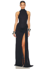 White Halter Neck Draped Waist Train Gown