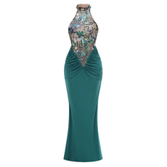 Teal/Pink/Red Halter Neck Floral Sequin Gown