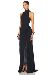 White Halter Neck Draped Waist Train Gown