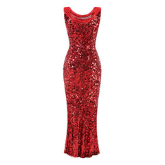 Crimson Sequin Cowl-Neck Gown