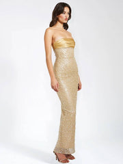 Glam Gold Sequin Strapless Gown: Slit Maxi Dress for Red Carpet & Gala