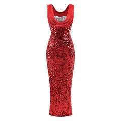 Crimson Sequin Cowl-Neck Gown