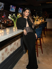 Black Puff-Sleeve Cutout Mesh-Corset Maxi Gown