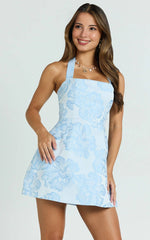 Jacquard Halter Fit And Flare Dress in Blue