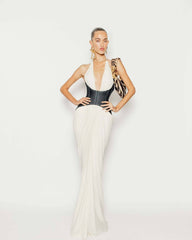 White Halter Deep V Denim Corset Draped Maxi Gown