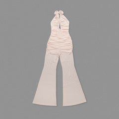 Ruched Cutout Halter Jumpsuit with 3D Rose Embellishment & Sheer Wide-Leg Pants