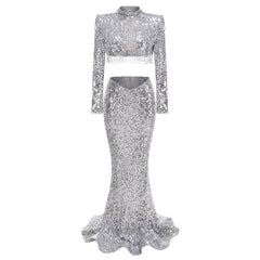 Silver Sequin Two-Piece Mermaid Gown