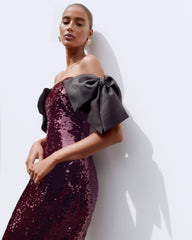 Luxury Burgundy Sequin Off-the-Shoulder Black Bow Mermaid Evening Gown