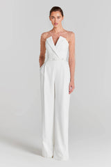 White Strapless Wide-Leg Jumpsuit with Pearl-Embellished Mesh Bodysuit Set
