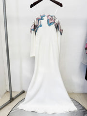 Navy Blue Satin Mermaid Evening Gown with Beaded Detailing