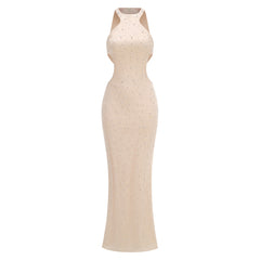 Ivory Halter Neck Pearl-Embellished Mermaid Gown