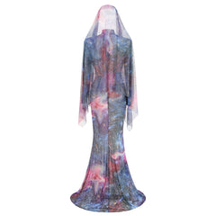 Cosmic Print Long-Sleeve Gown with Tulle Veil