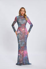 Cosmic Print Long-Sleeve Gown with Tulle Veil