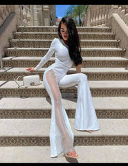 Luxury One-Shoulder Mesh Panel Flared Jumpsuit (Black/White/Red/Green)