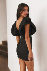 Black deep V-neck puff-sleeved fitted mini dress