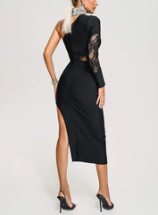 Black One-Shoulder Lace Midi Dress