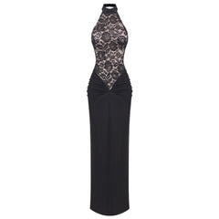 Black Lace Halter Velvet Gown