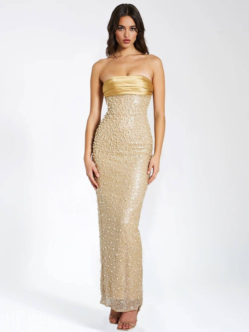 Glam Gold Sequin Strapless Gown: Slit Maxi Dress for Red Carpet & Gala