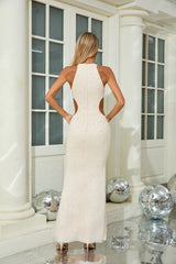 Ivory Halter Neck Pearl-Embellished Mermaid Gown