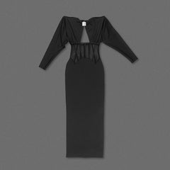 Black Puff-Sleeve Cutout Mesh-Corset Maxi Gown