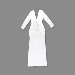 White long-sleeved deep V-neck pleated dress