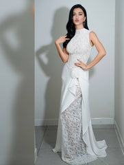 White Lace High-Neck Satin-Accent Evening Gown