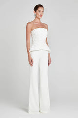 White Textured Rose Strapless Peplum Top & Wide-Leg Pants Set