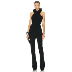 Luxury Black Hooded Halter Backless Wide-Leg Jumpsuit