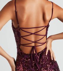 Burgundy Scroll-Sequin Backless Bodycon Mini Dress