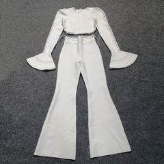 Lace-Trimmed Bell-Sleeve Crop Top + High-Waisted Flared Pants Set (Black & White)