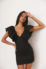 Black deep V-neck puff-sleeved fitted mini dress