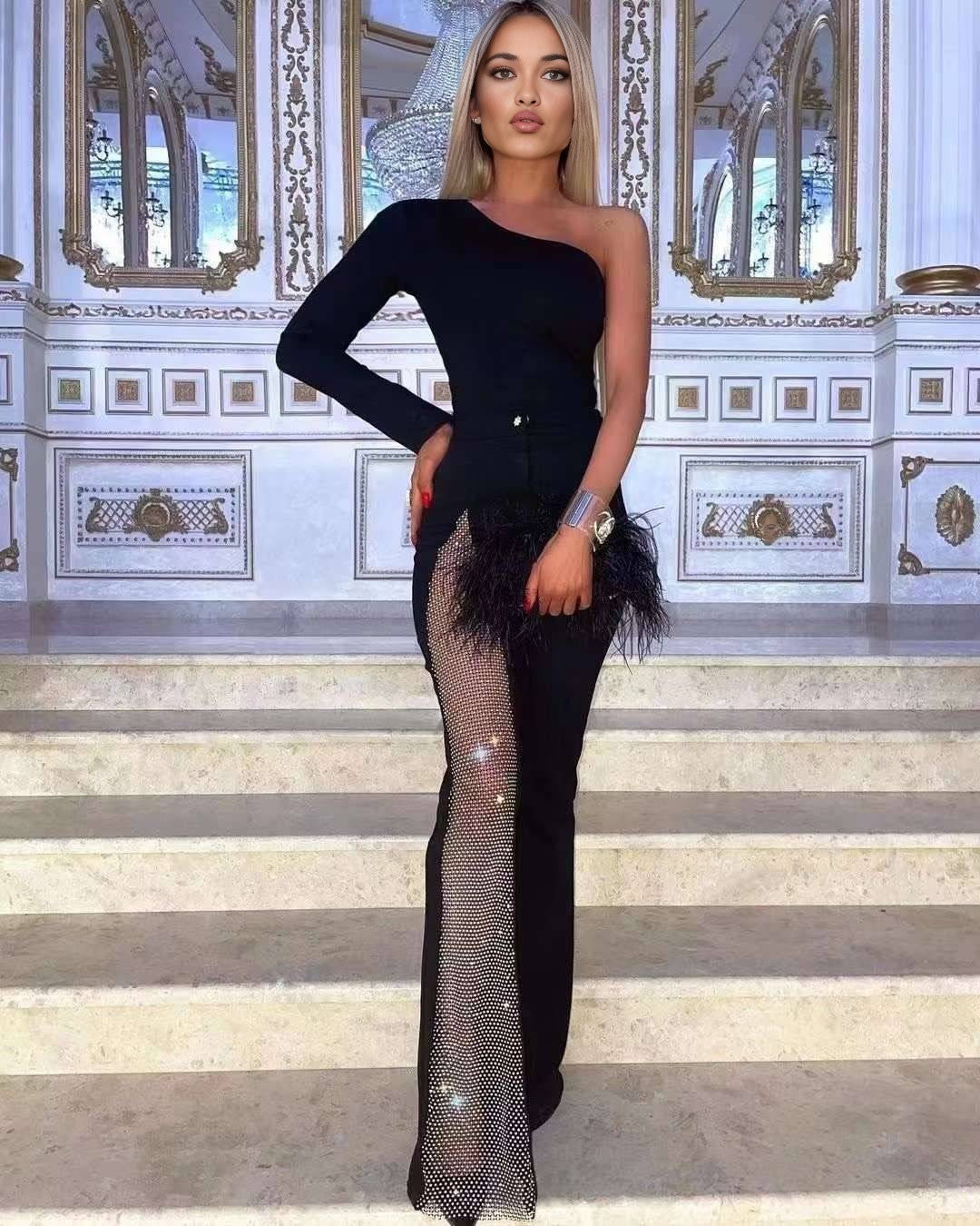 Luxury One-Shoulder Mesh Panel Flared Jumpsuit (Black/White/Red/Green)