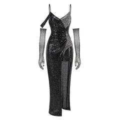 Black Sequin Cold-Shoulder Gown with Fishnet Gloves